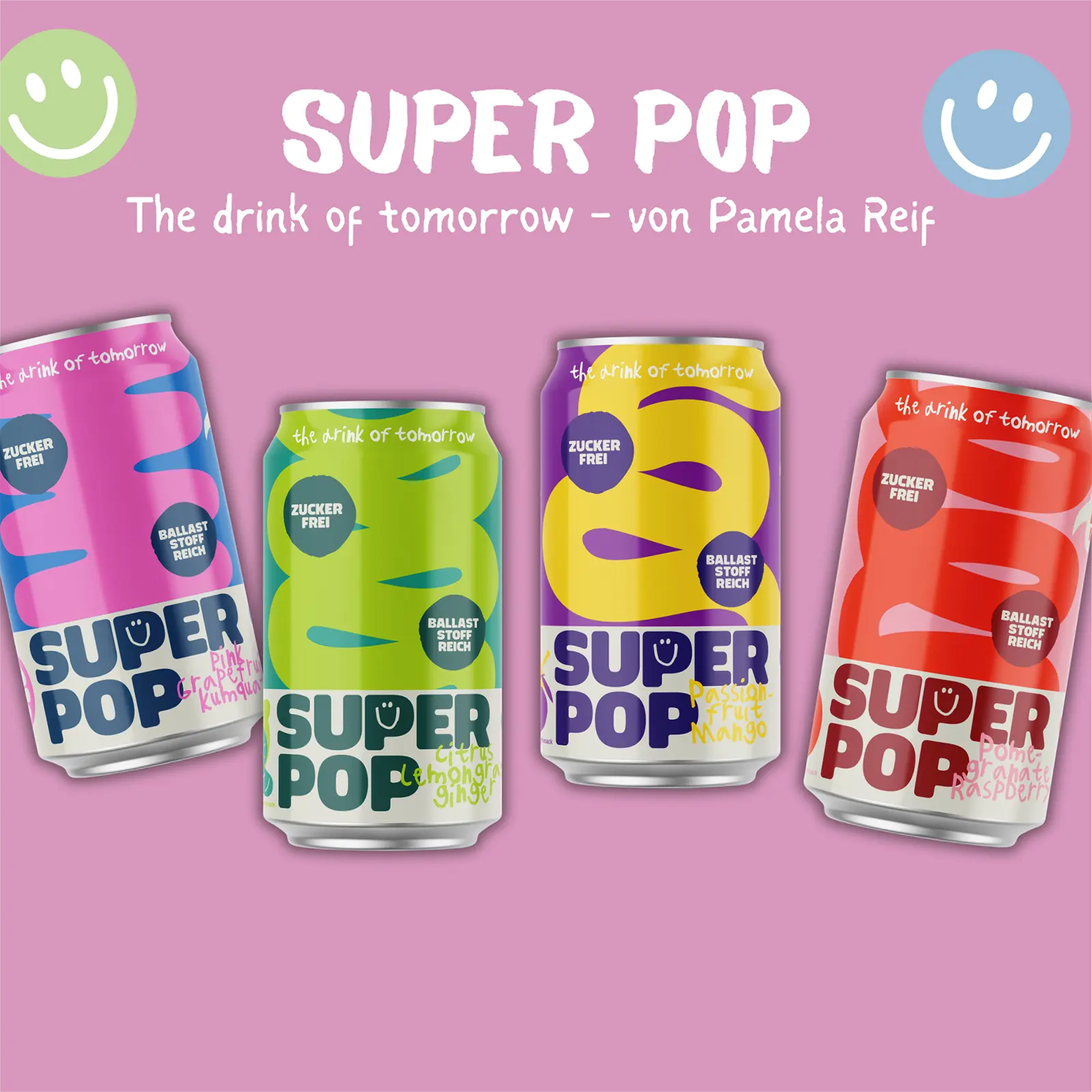 Vier bunte Super Pop Dosen vor rosa Hintergrund